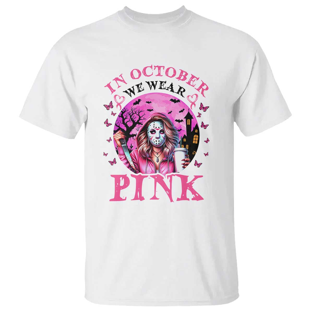 Breast Cancer Support T Shirt In October We Wear Pink Halloween Butterfly Bat Murderer