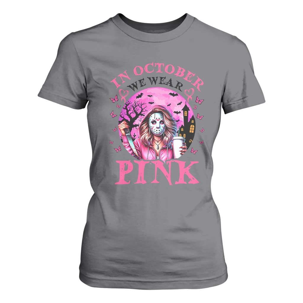 Breast Cancer Support T Shirt For Women In October We Wear Pink Halloween Butterfly Bat Murderer