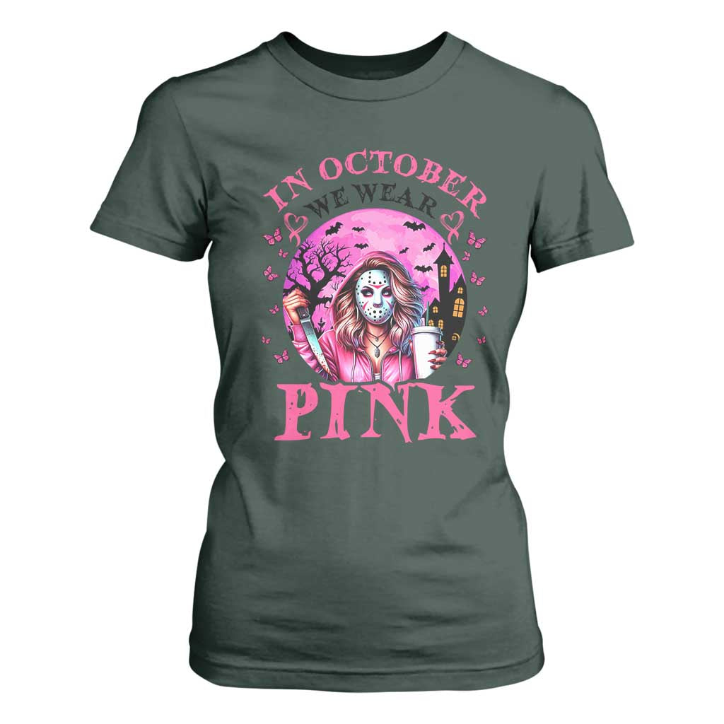 Breast Cancer Support T Shirt For Women In October We Wear Pink Halloween Butterfly Bat Murderer