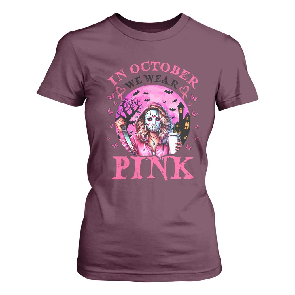 Breast Cancer Support T Shirt For Women In October We Wear Pink Halloween Butterfly Bat Murderer