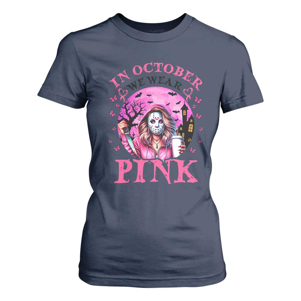 Breast Cancer Support T Shirt For Women In October We Wear Pink Halloween Butterfly Bat Murderer