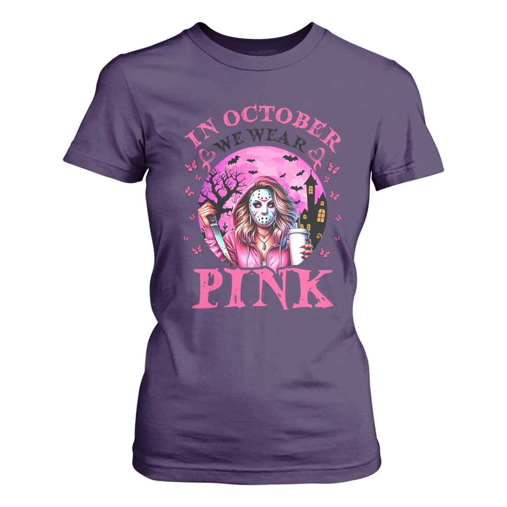 Breast Cancer Support T Shirt For Women In October We Wear Pink Halloween Butterfly Bat Murderer