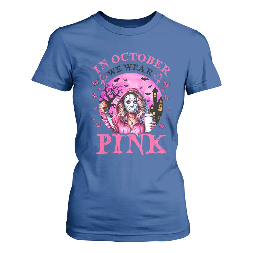 Breast Cancer Support T Shirt For Women In October We Wear Pink Halloween Butterfly Bat Murderer