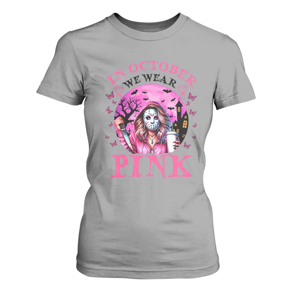 Breast Cancer Support T Shirt For Women In October We Wear Pink Halloween Butterfly Bat Murderer