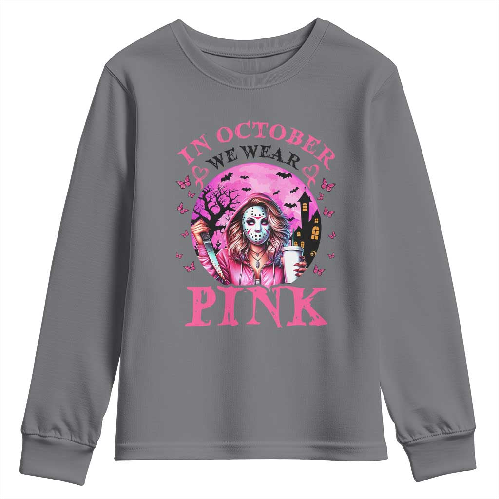 Breast Cancer Support Youth Sweatshirt In October We Wear Pink Halloween Butterfly Bat Murderer