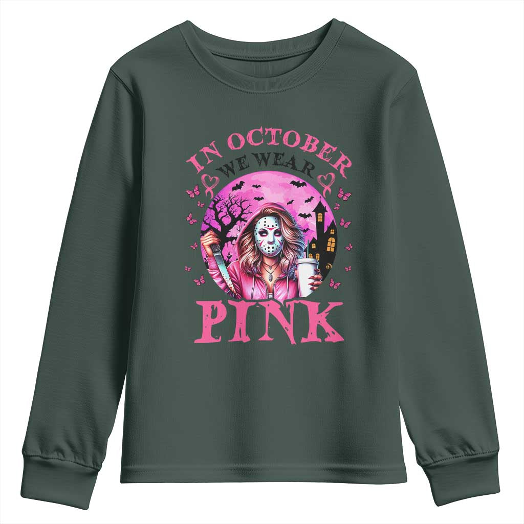 Breast Cancer Support Youth Sweatshirt In October We Wear Pink Halloween Butterfly Bat Murderer