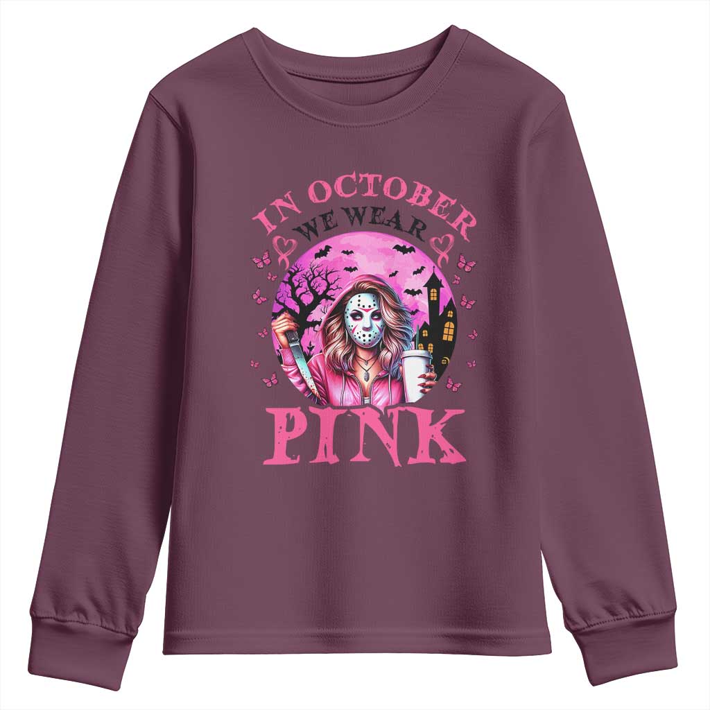 Breast Cancer Support Youth Sweatshirt In October We Wear Pink Halloween Butterfly Bat Murderer