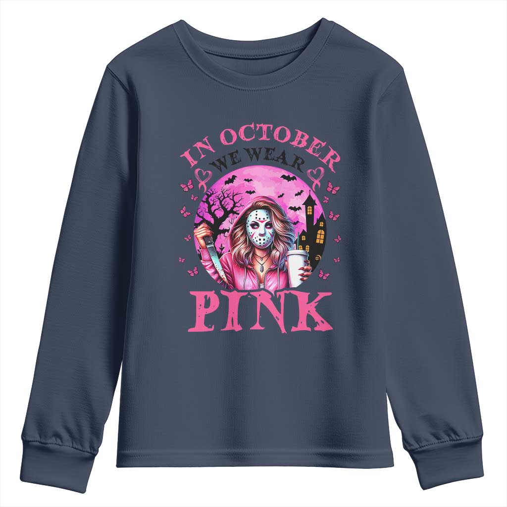 Breast Cancer Support Youth Sweatshirt In October We Wear Pink Halloween Butterfly Bat Murderer