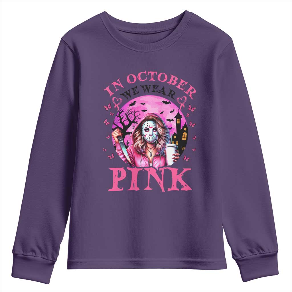 Breast Cancer Support Youth Sweatshirt In October We Wear Pink Halloween Butterfly Bat Murderer