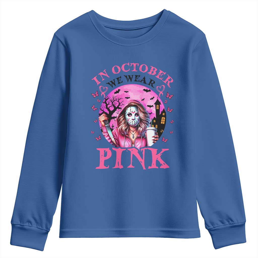 Breast Cancer Support Youth Sweatshirt In October We Wear Pink Halloween Butterfly Bat Murderer