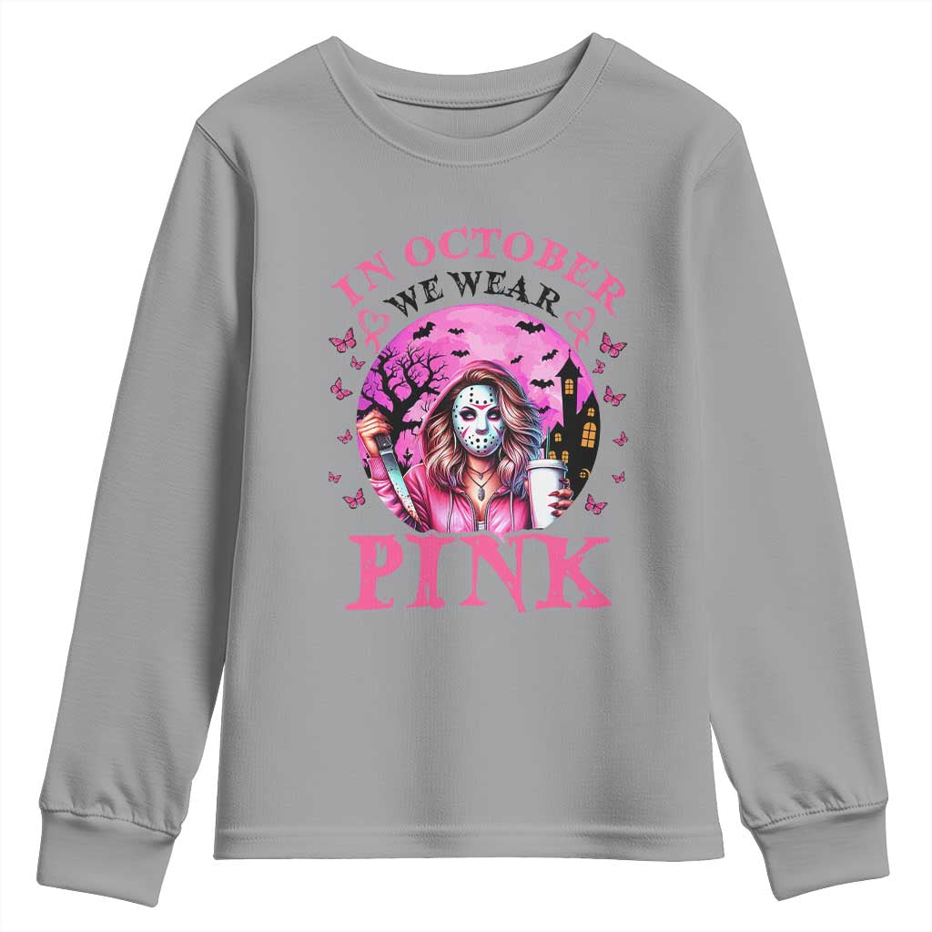 Breast Cancer Support Youth Sweatshirt In October We Wear Pink Halloween Butterfly Bat Murderer