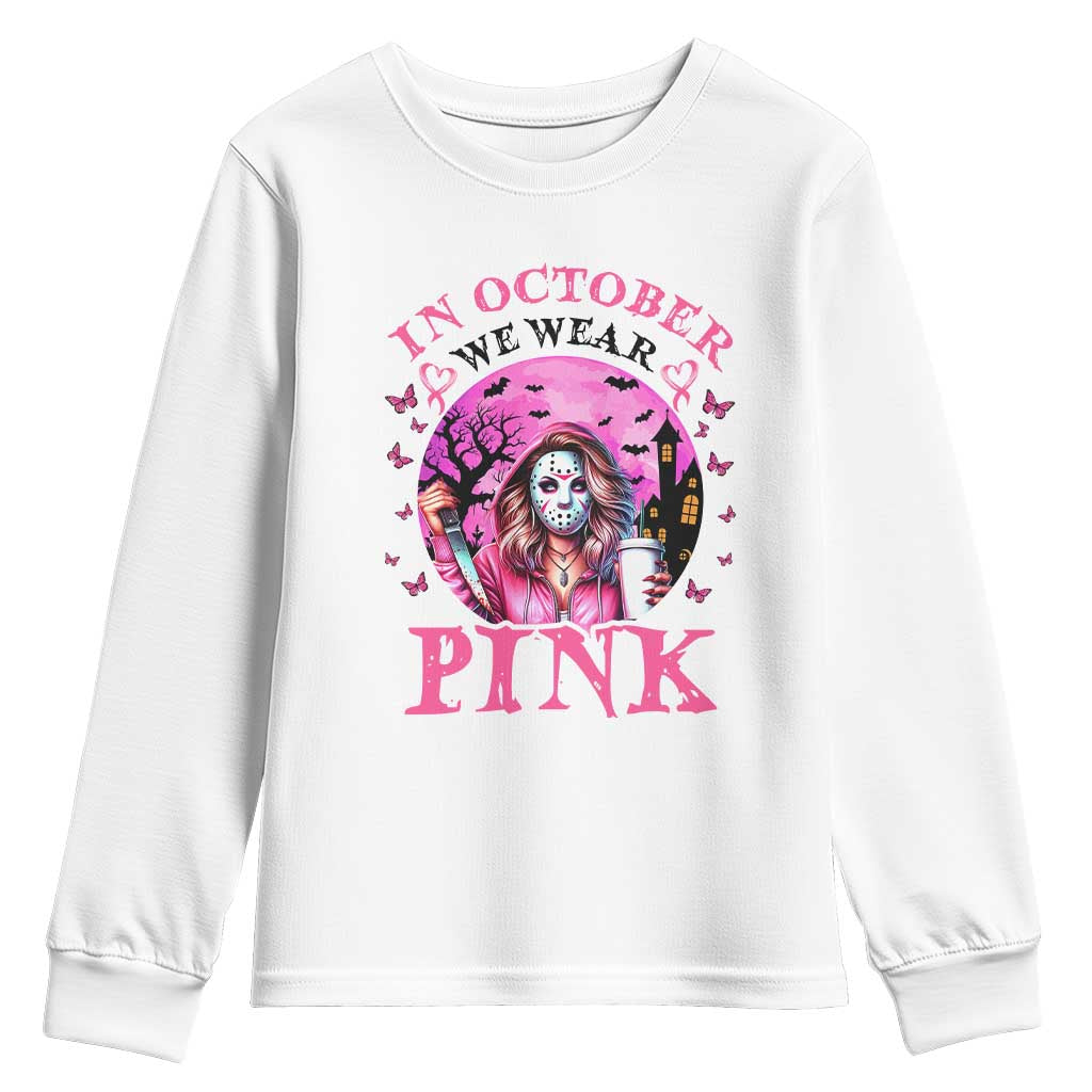 Breast Cancer Support Youth Sweatshirt In October We Wear Pink Halloween Butterfly Bat Murderer