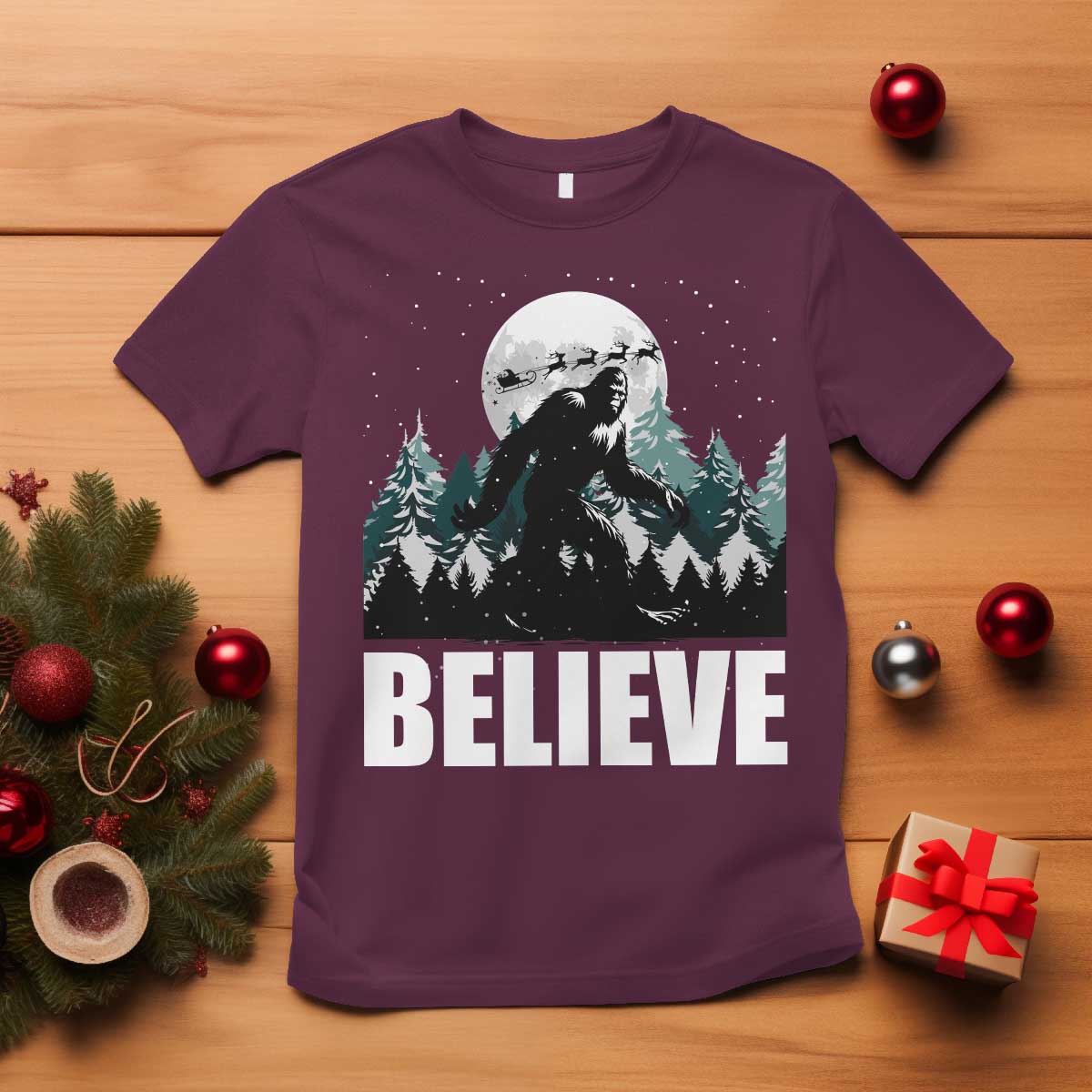 funny-christmas-bigfoot-t-shirt-believe-santa-sasquatch-snow