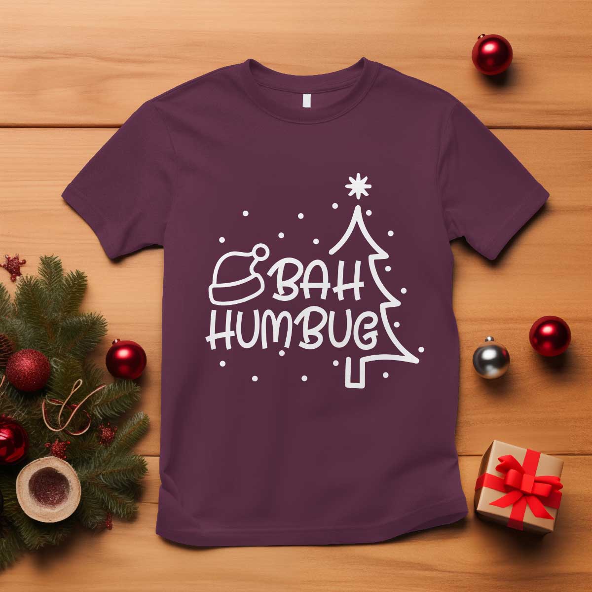 funny-bah-humbug-christmas-t-shirt-santa-hat-xmas-tree