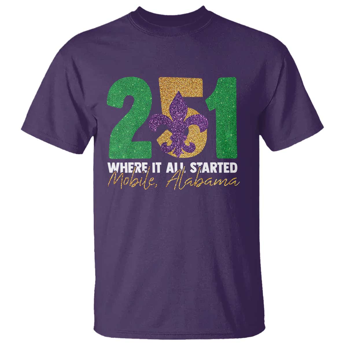 funny-mardi-gras-mobile-alabama-251-t-shirt-where-it-all-started-area-code-glitter-print