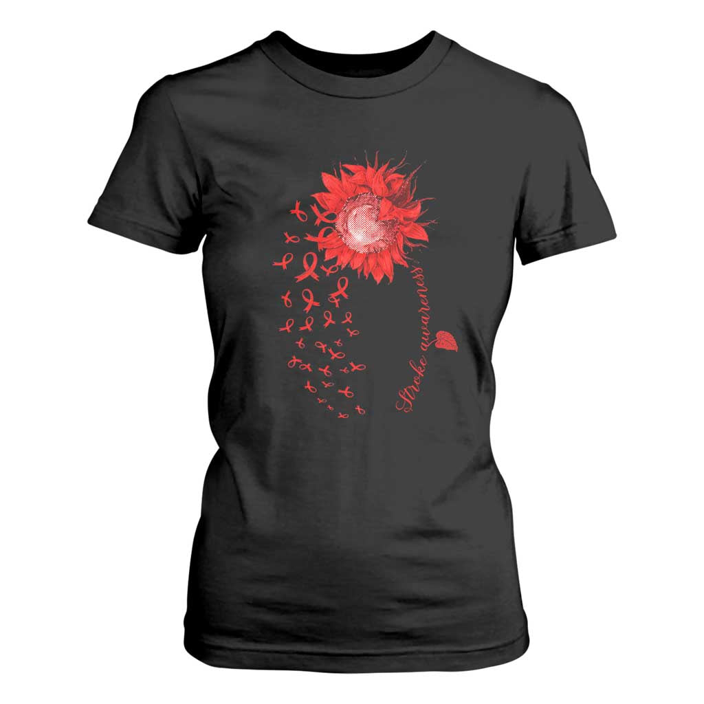 Sunflower Stroke Support Red Ribbon T Shirt For Women