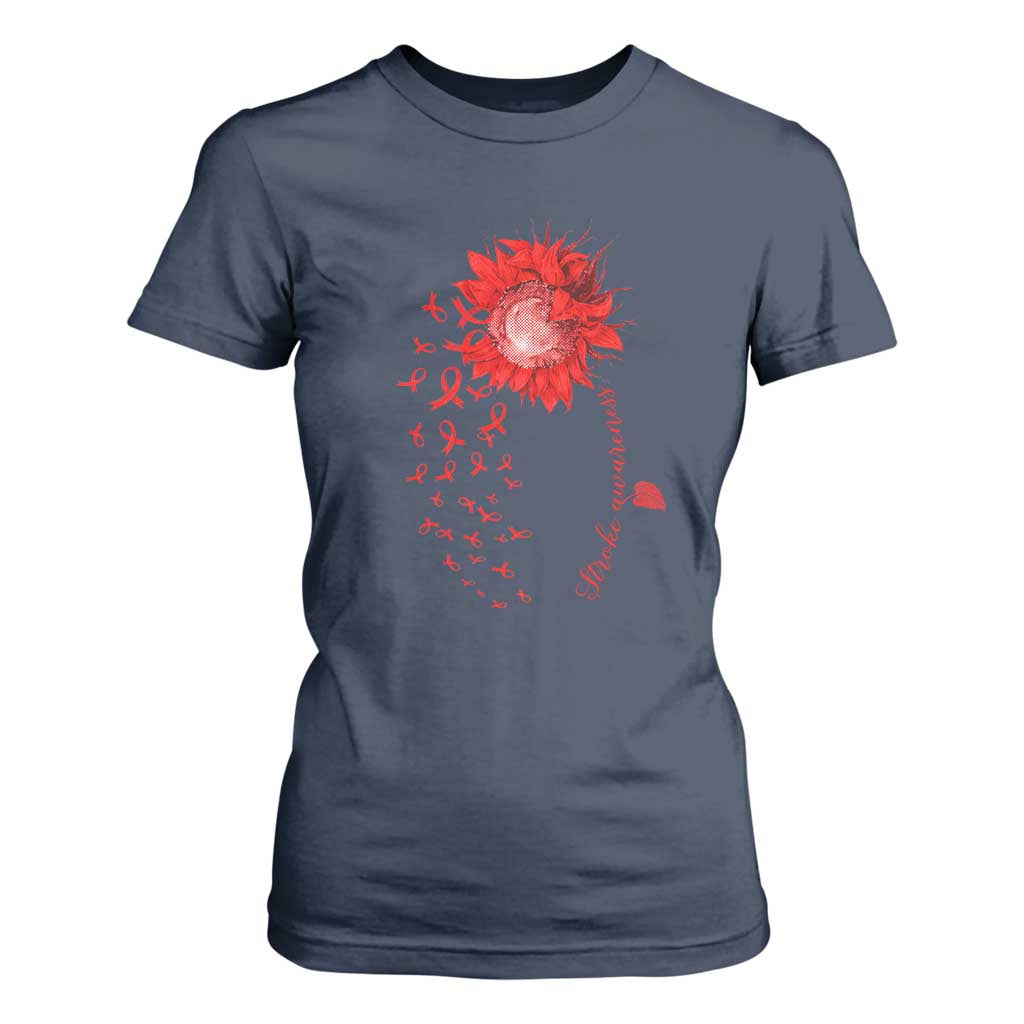 Sunflower Stroke Support Red Ribbon T Shirt For Women