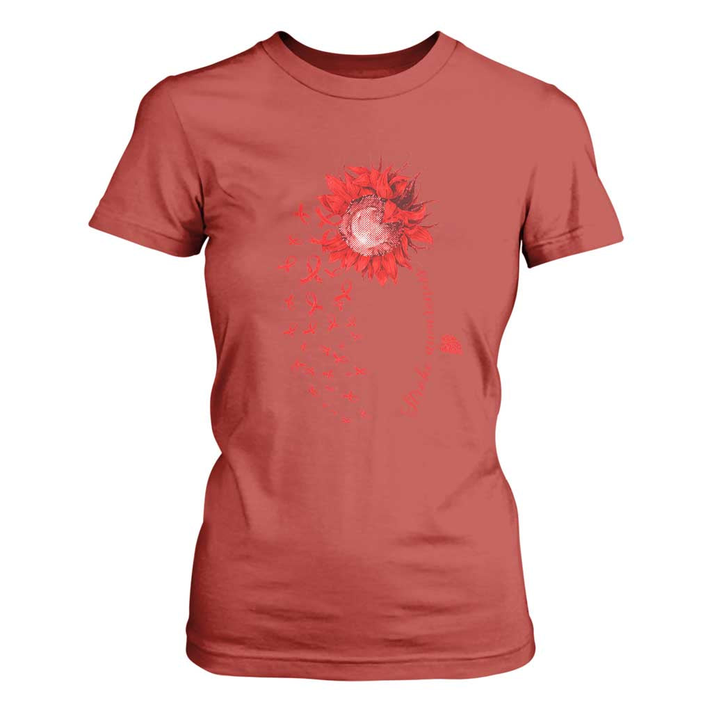 Sunflower Stroke Support Red Ribbon T Shirt For Women