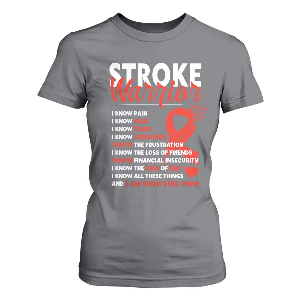 Stroke Warrior T Shirt For Women I Know Pain Fear Feather Red Ribbon