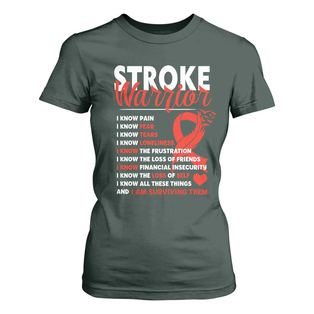 Stroke Warrior T Shirt For Women I Know Pain Fear Feather Red Ribbon