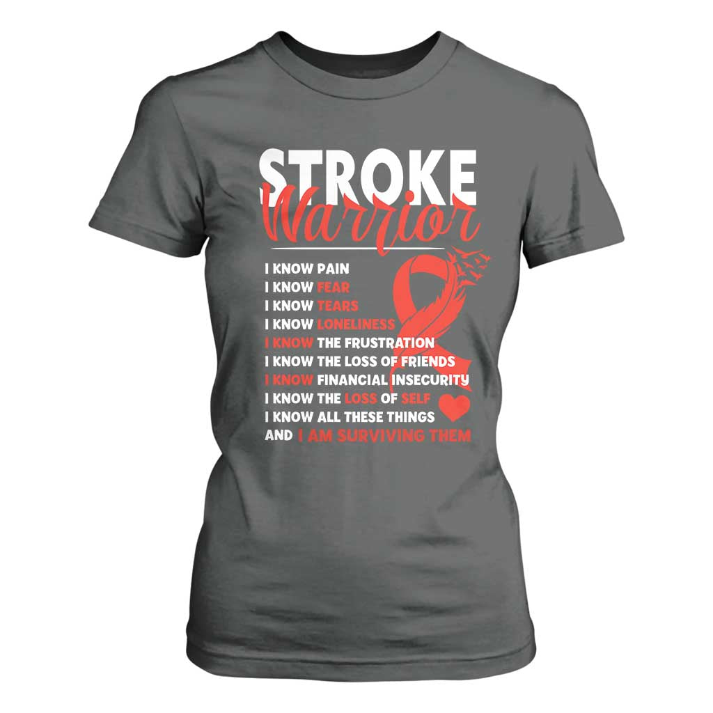 Stroke Warrior T Shirt For Women I Know Pain Fear Feather Red Ribbon
