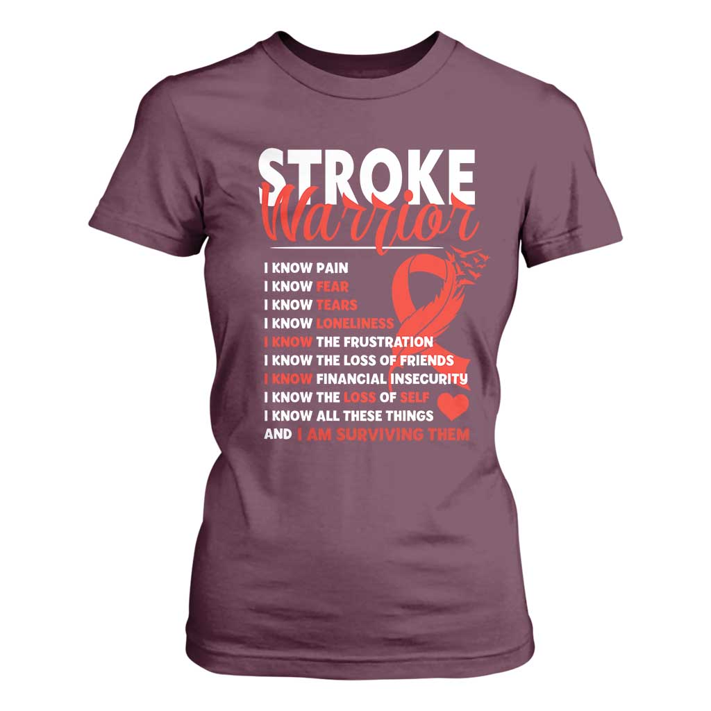 Stroke Warrior T Shirt For Women I Know Pain Fear Feather Red Ribbon