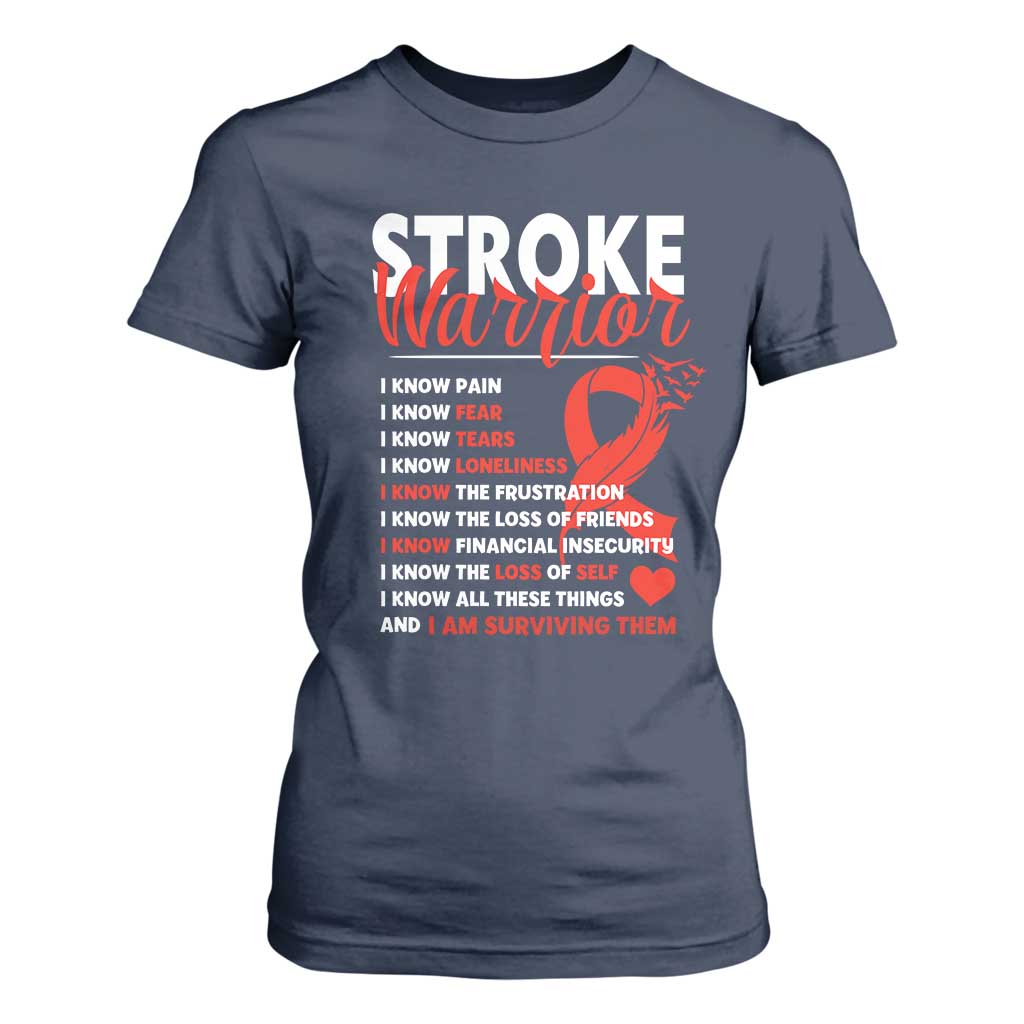 Stroke Warrior T Shirt For Women I Know Pain Fear Feather Red Ribbon