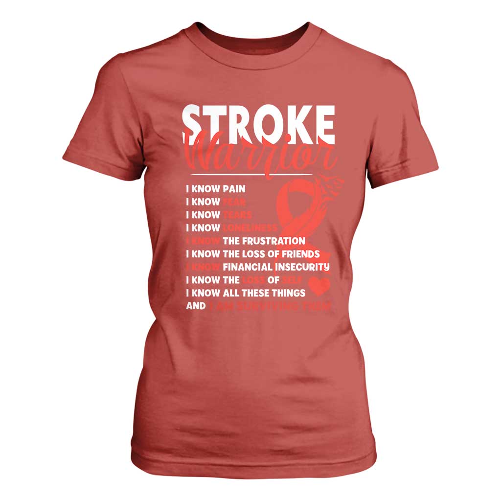 Stroke Warrior T Shirt For Women I Know Pain Fear Feather Red Ribbon
