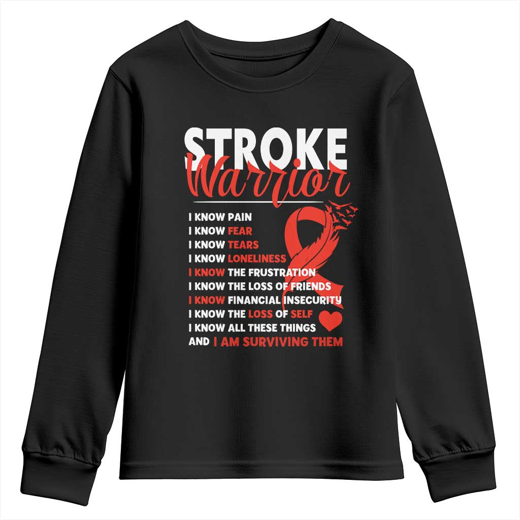 Stroke Warrior Youth Sweatshirt I Know Pain Fear Feather Red Ribbon