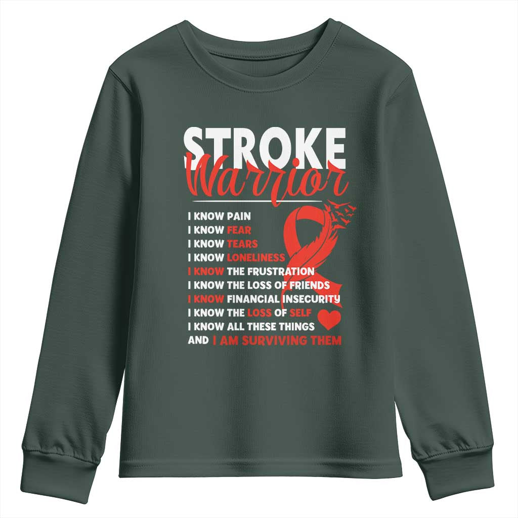 Stroke Warrior Youth Sweatshirt I Know Pain Fear Feather Red Ribbon