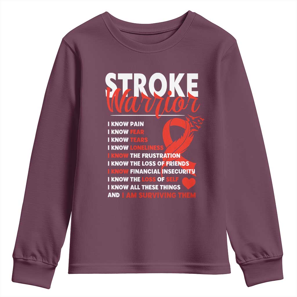 Stroke Warrior Youth Sweatshirt I Know Pain Fear Feather Red Ribbon