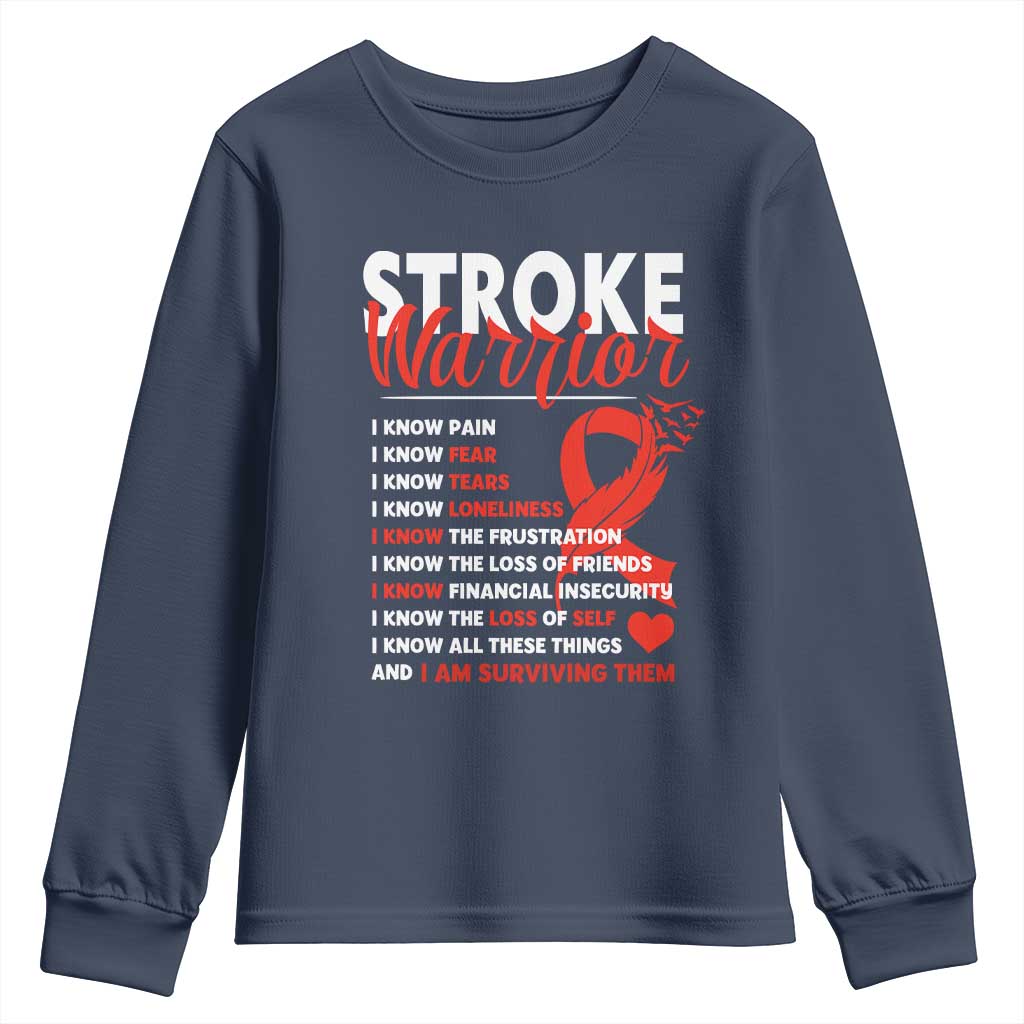 Stroke Warrior Youth Sweatshirt I Know Pain Fear Feather Red Ribbon