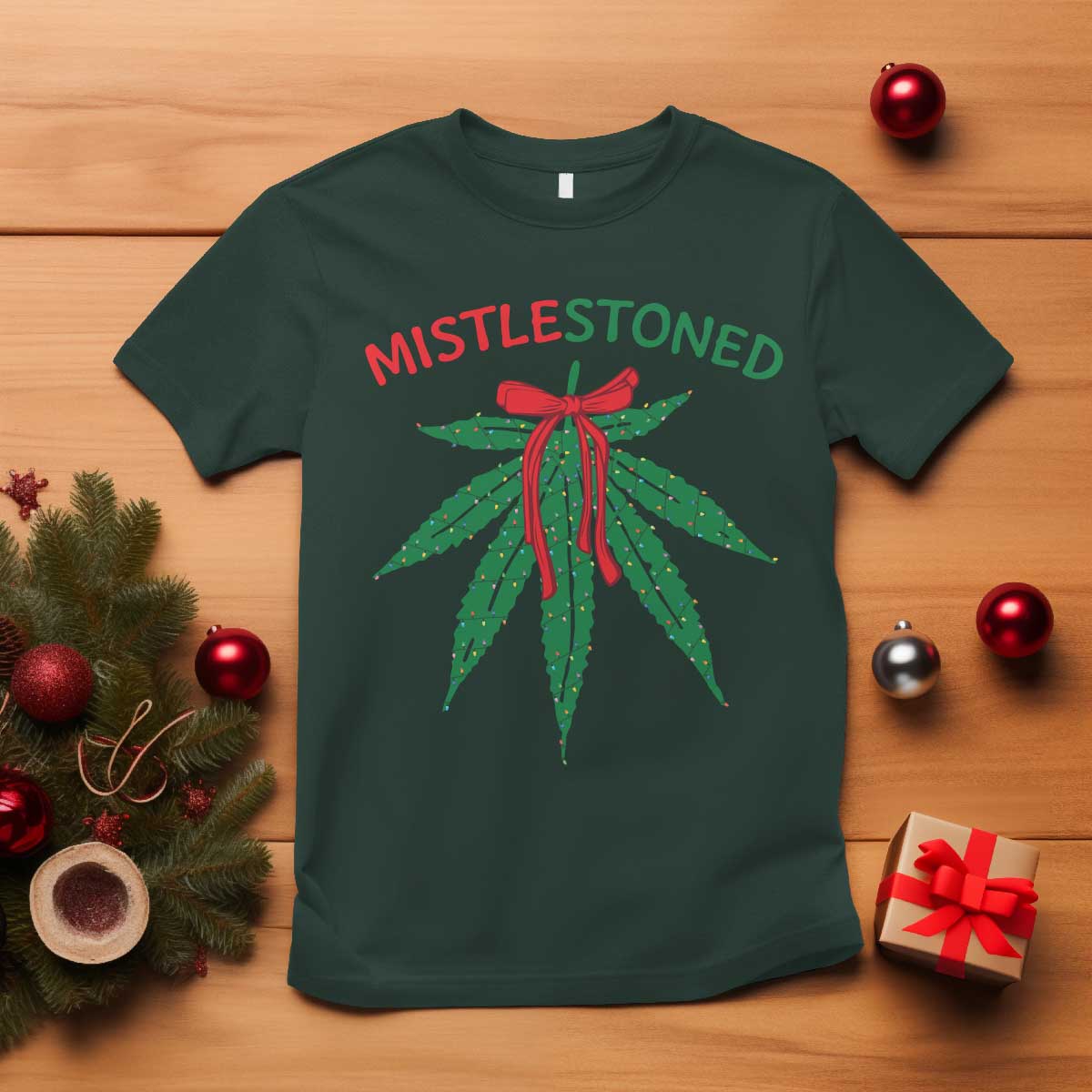 funny-weed-christmas-t-shirt-mistlestoned-mistletoe-led-lights