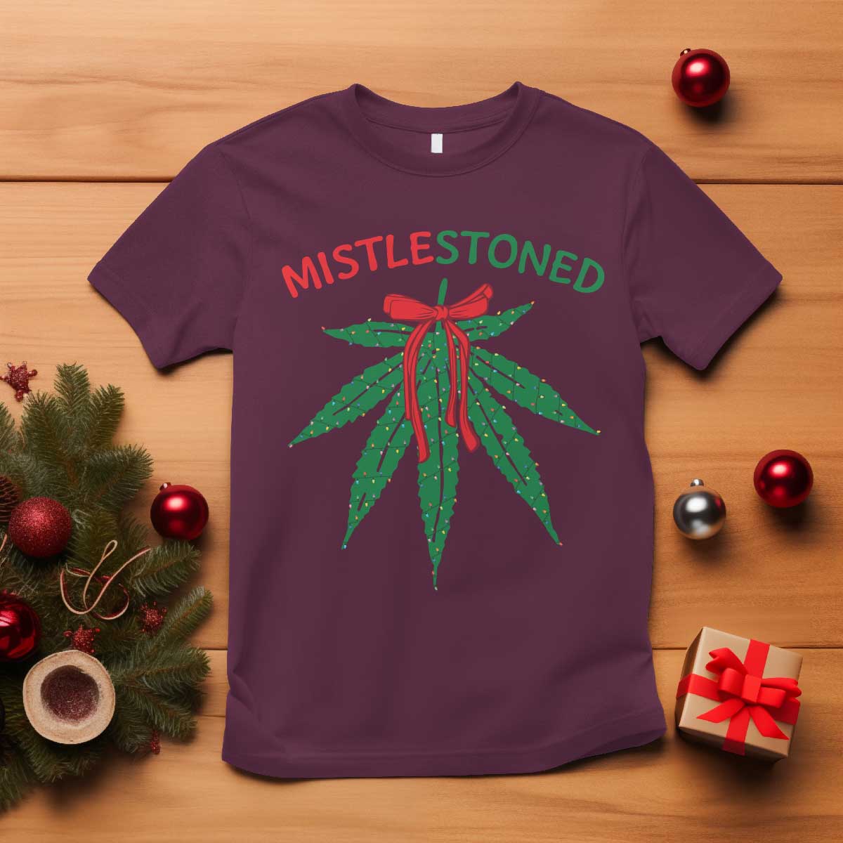 funny-weed-christmas-t-shirt-mistlestoned-mistletoe-led-lights