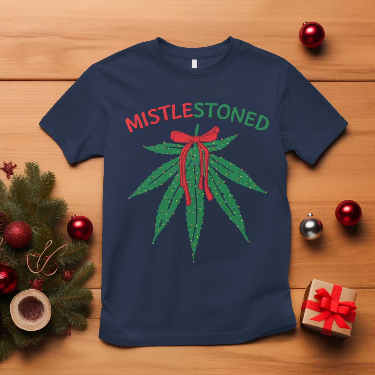 funny-weed-christmas-t-shirt-mistlestoned-mistletoe-led-lights