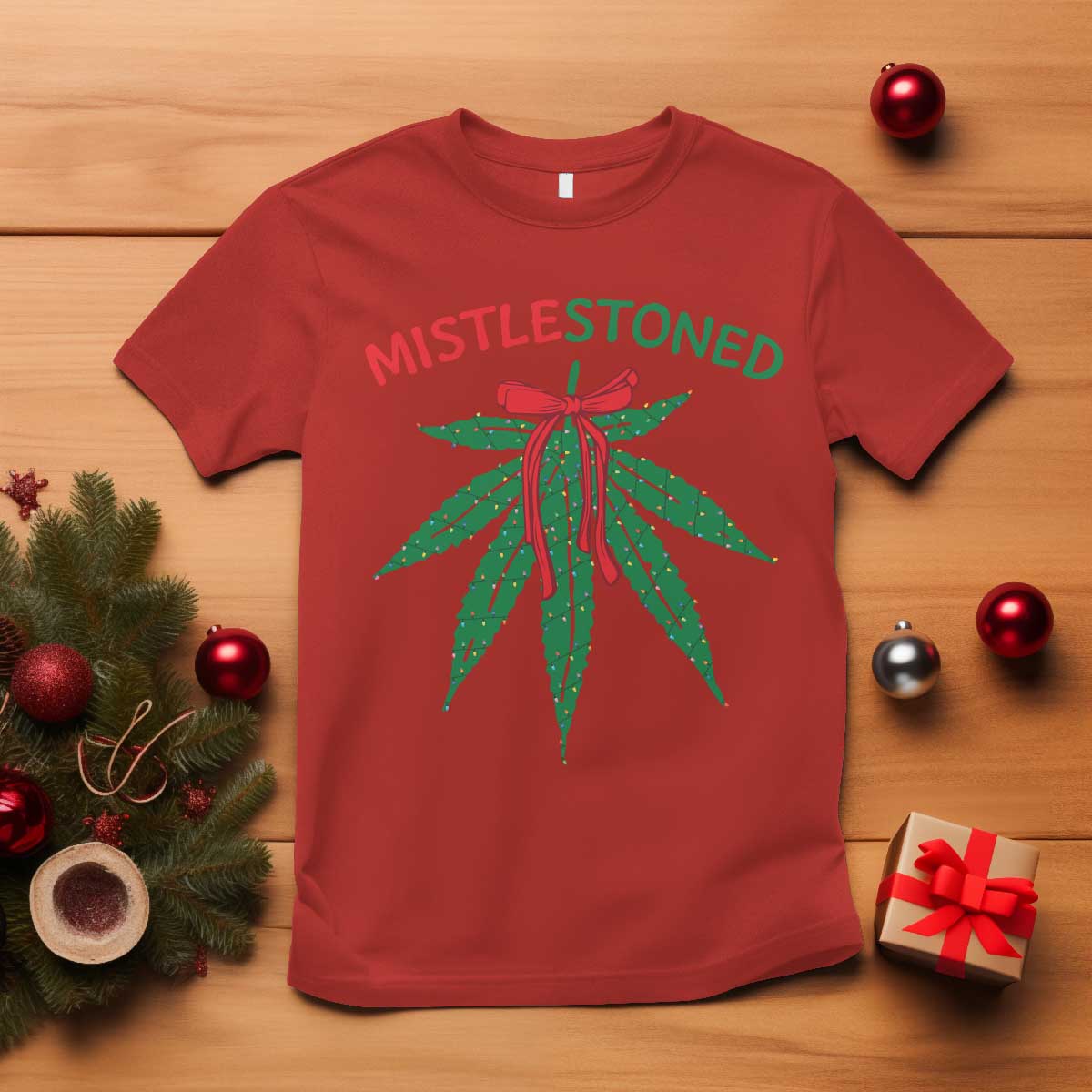 funny-weed-christmas-t-shirt-mistlestoned-mistletoe-led-lights