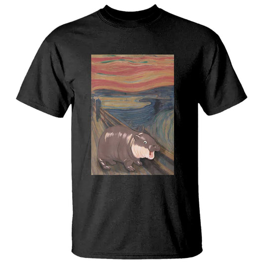 funny-moo-deng-t-shirt-cute-hippo-zoo-scream-art-meme-baby-pygmy-edvard-munch