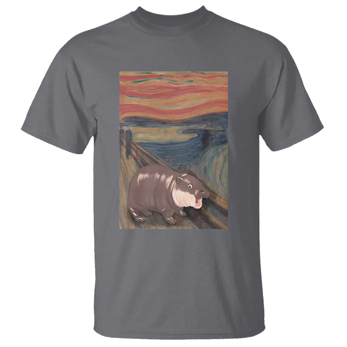 funny-moo-deng-t-shirt-cute-hippo-zoo-scream-art-meme-baby-pygmy-edvard-munch