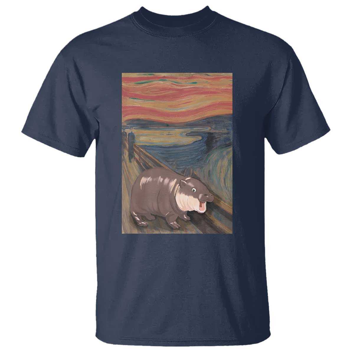 funny-moo-deng-t-shirt-cute-hippo-zoo-scream-art-meme-baby-pygmy-edvard-munch