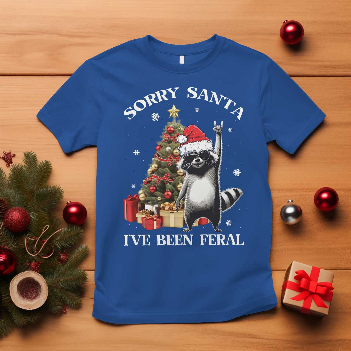 funny-christmas-racoon-t-shirt-sorry-santa-ive-been-feral-xmas-hat