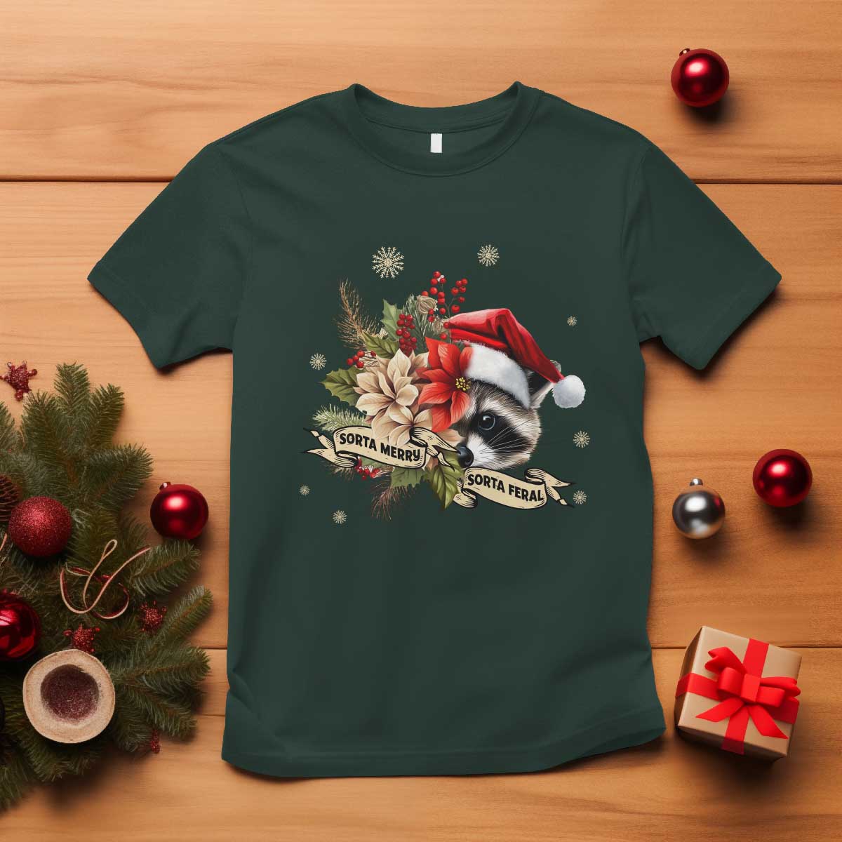 funny-christmas-racoon-t-shirt-sorta-merry-sorta-feral-santa-hat-vintage-flowers