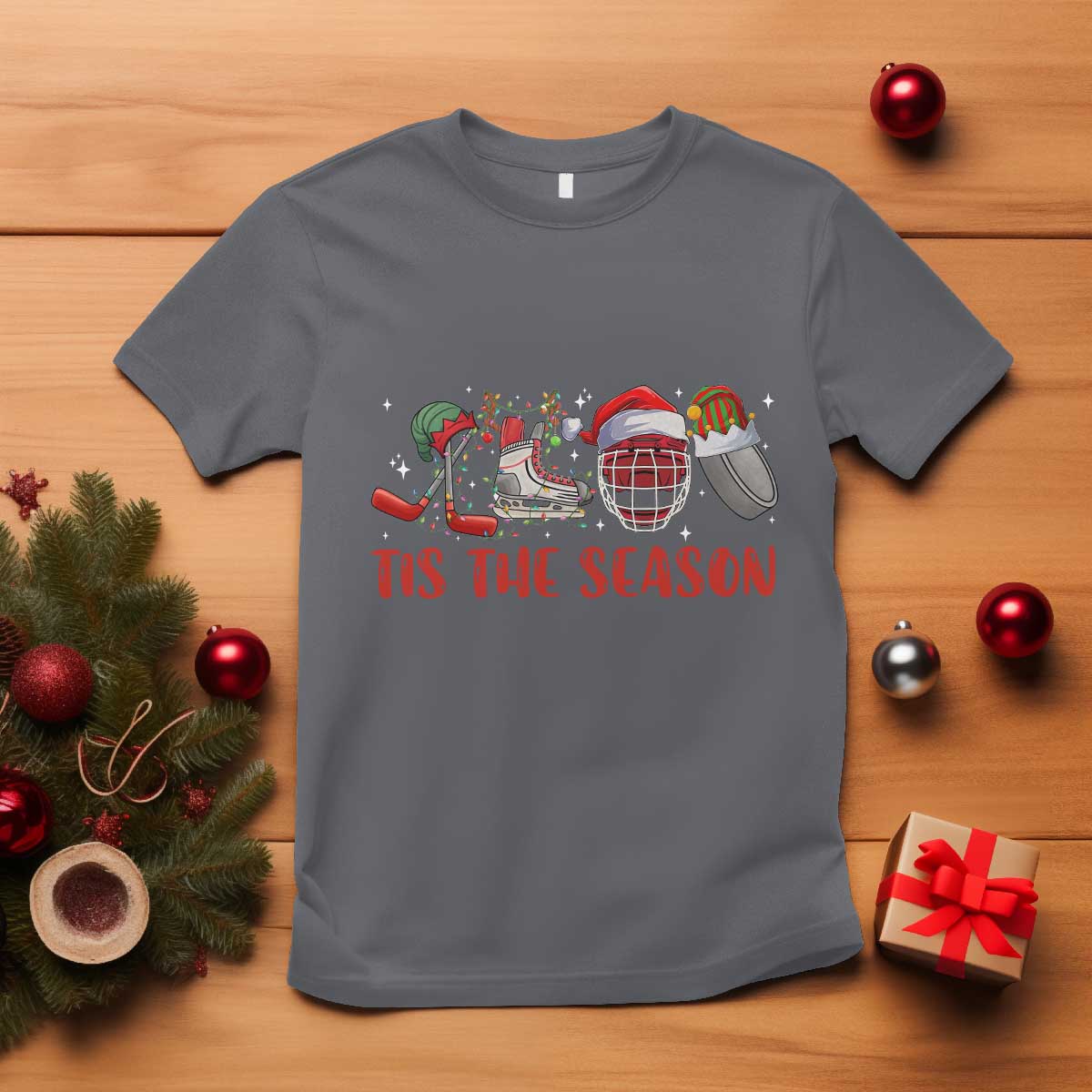 funny-christmas-ice-hockey-t-shirt-tis-the-season-santa-elf-hat-hockey-equipment