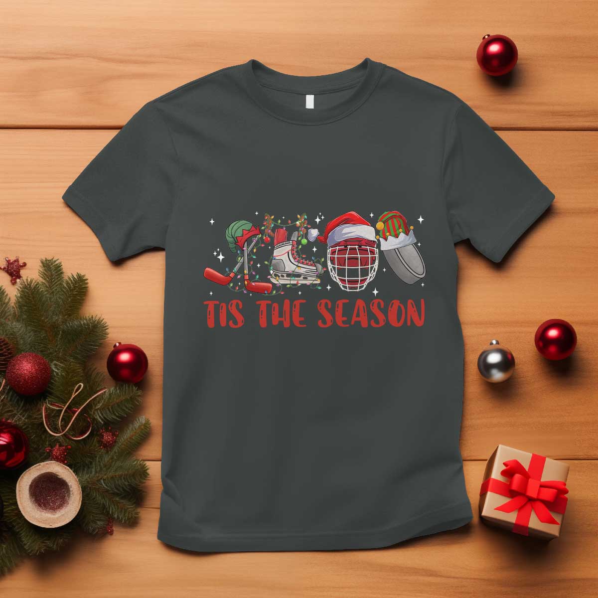 funny-christmas-ice-hockey-t-shirt-tis-the-season-santa-elf-hat-hockey-equipment