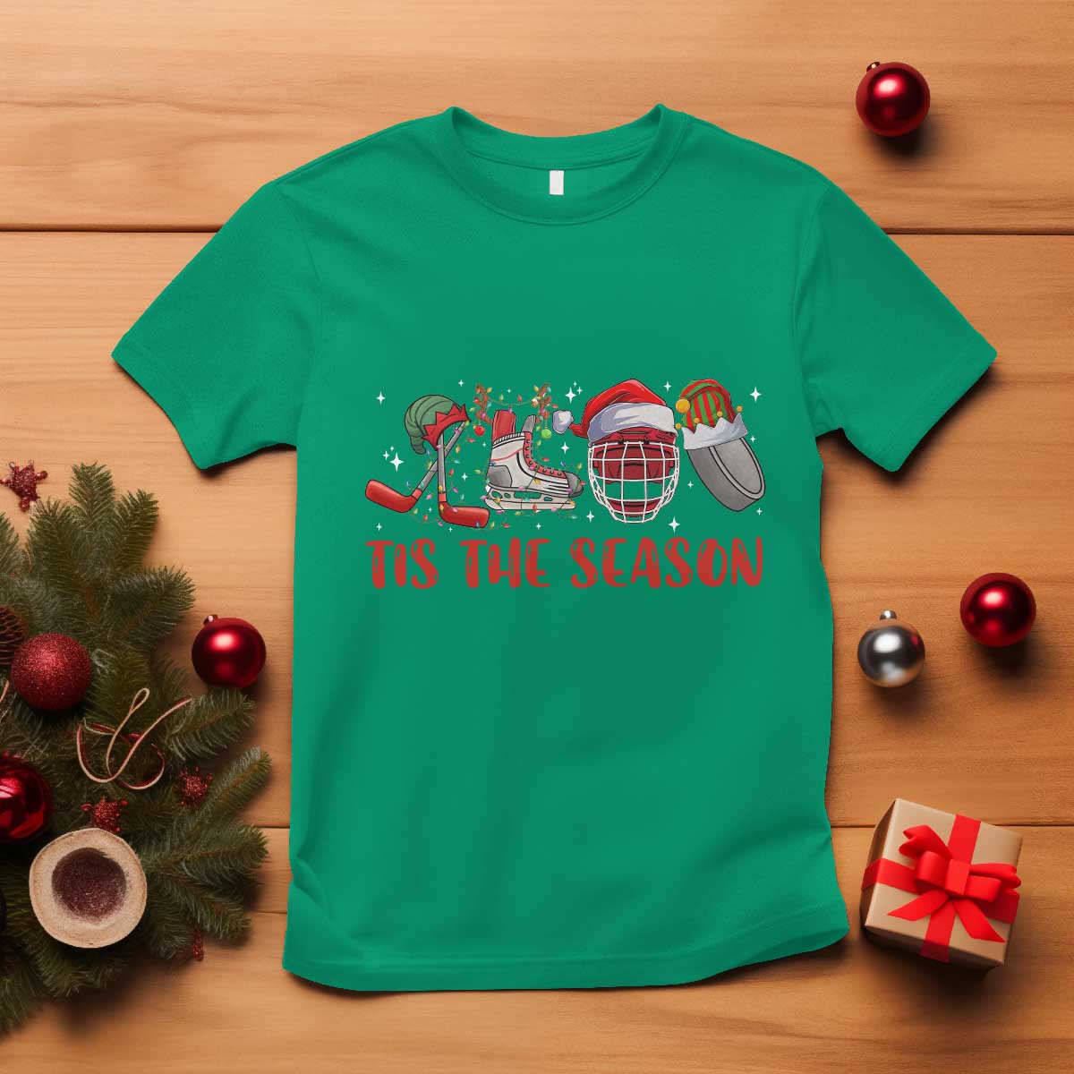 funny-christmas-ice-hockey-t-shirt-tis-the-season-santa-elf-hat-hockey-equipment