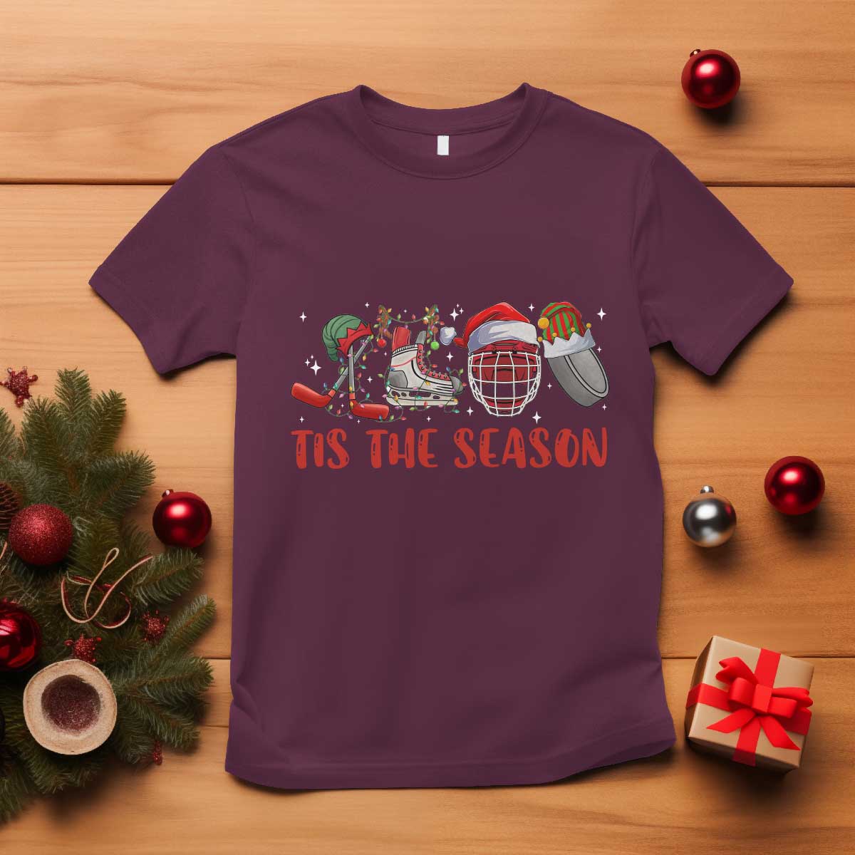 funny-christmas-ice-hockey-t-shirt-tis-the-season-santa-elf-hat-hockey-equipment