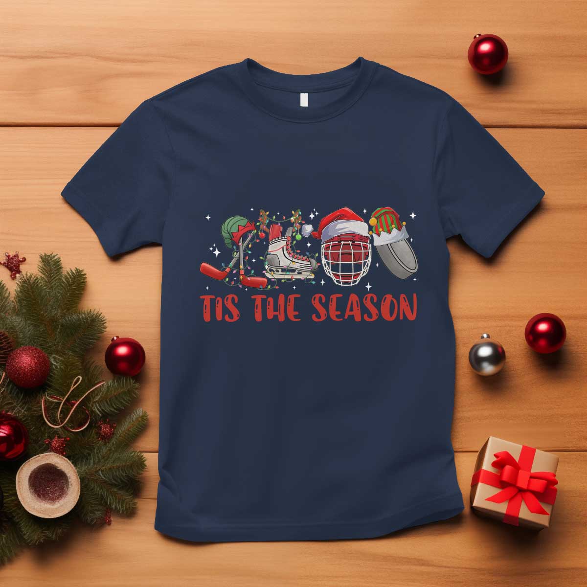 funny-christmas-ice-hockey-t-shirt-tis-the-season-santa-elf-hat-hockey-equipment