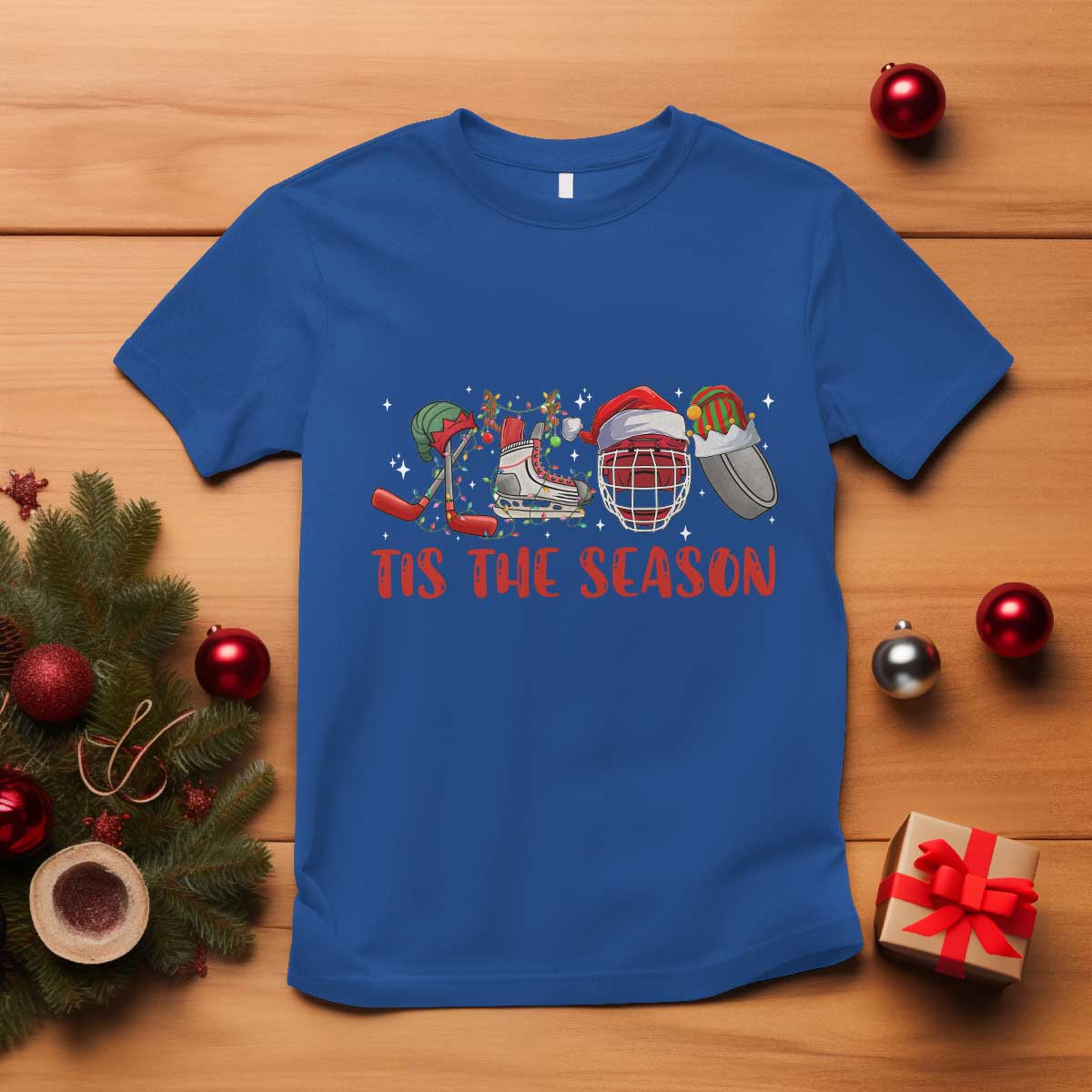 funny-christmas-ice-hockey-t-shirt-tis-the-season-santa-elf-hat-hockey-equipment