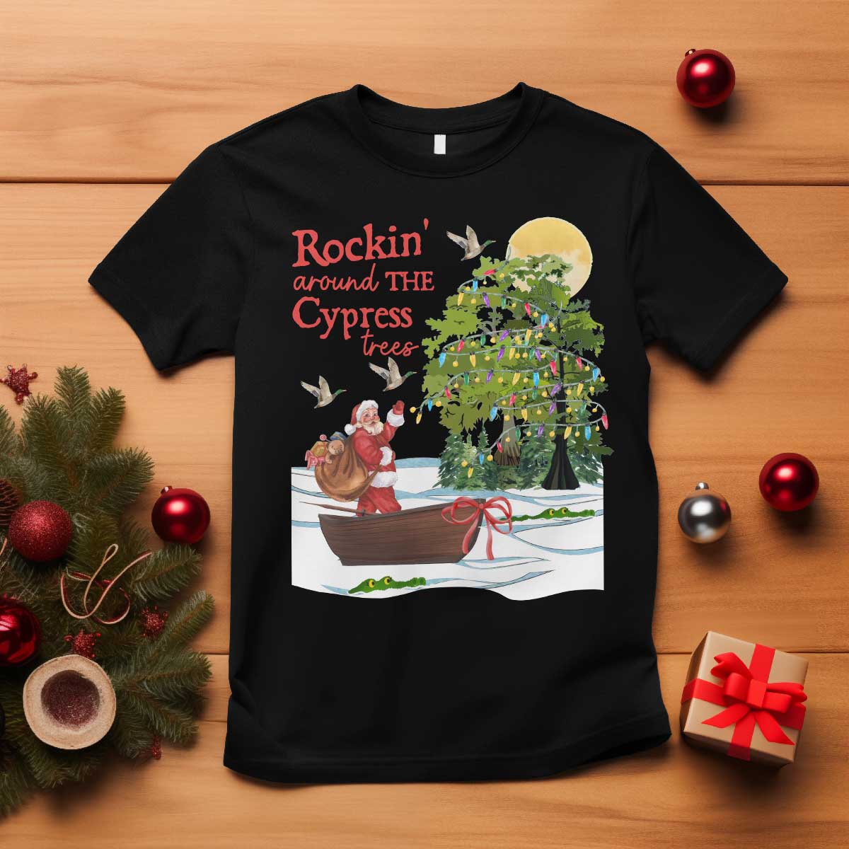 funny-christmas-cajun-louisiana-t-shirt-rockin-around-the-cypress-trees-santa-alligator