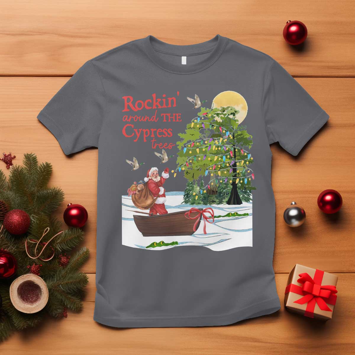 funny-christmas-cajun-louisiana-t-shirt-rockin-around-the-cypress-trees-santa-alligator