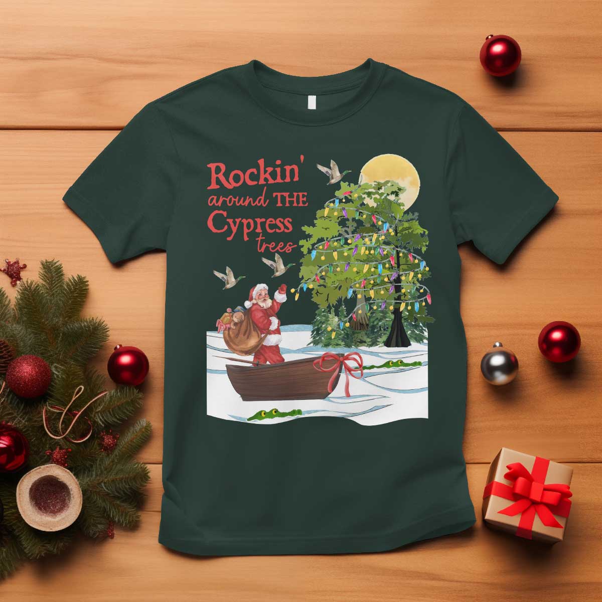 funny-christmas-cajun-louisiana-t-shirt-rockin-around-the-cypress-trees-santa-alligator